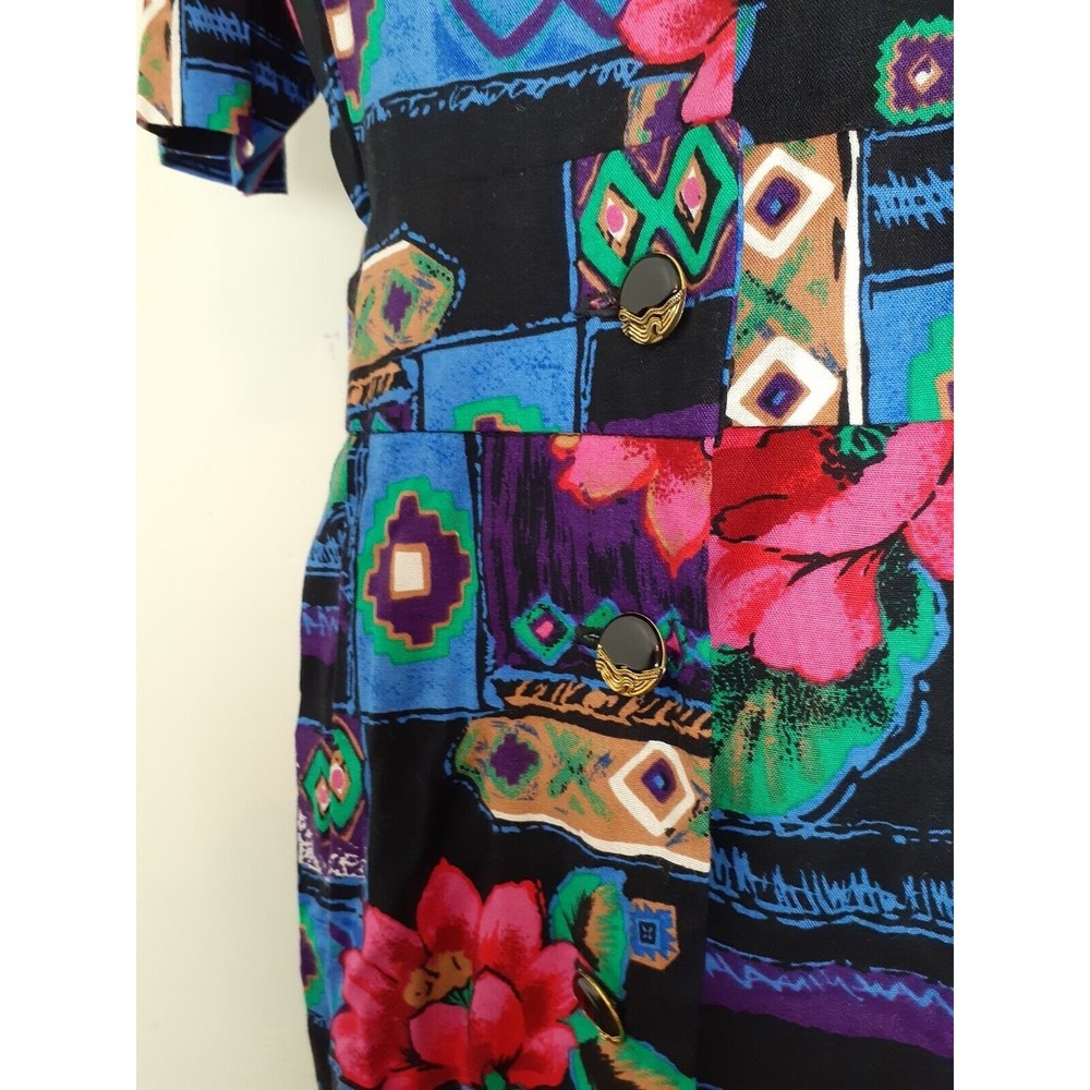 Vtg 80's Special Effects Midi Dress MP Black Floral Aztec Vibrant Smocked Rayon - Picture 7 of 13